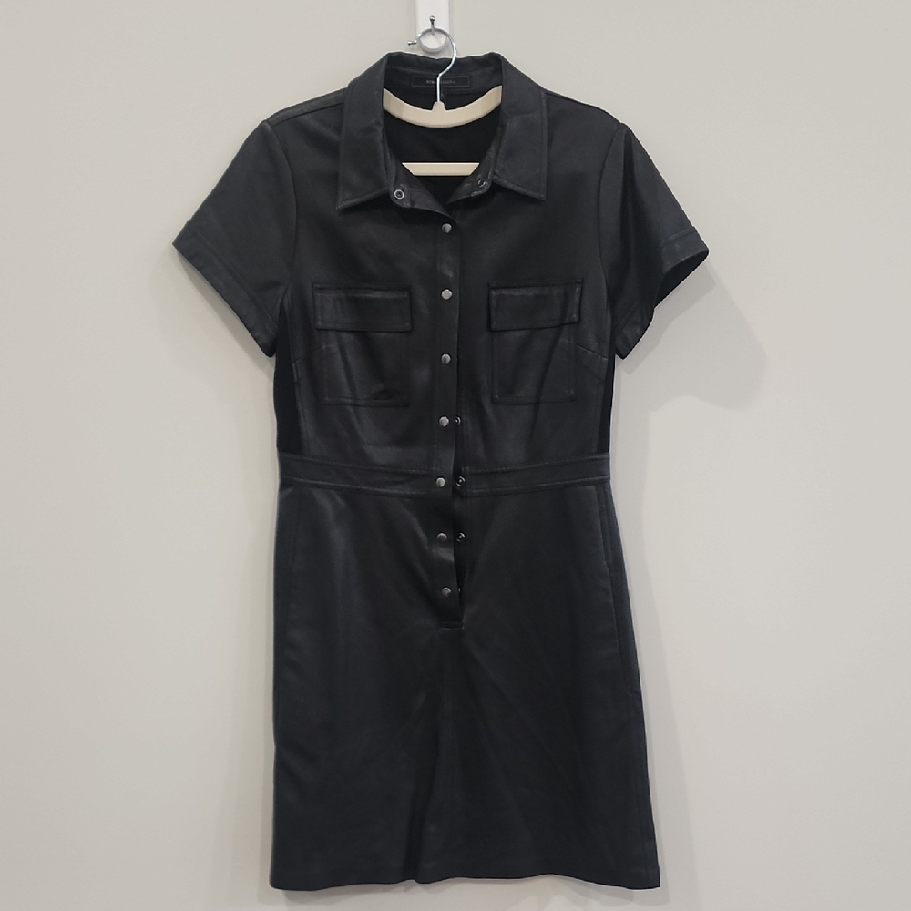 BCBGMaxAzria Black Leather Button-Up Mini Dress, Size M